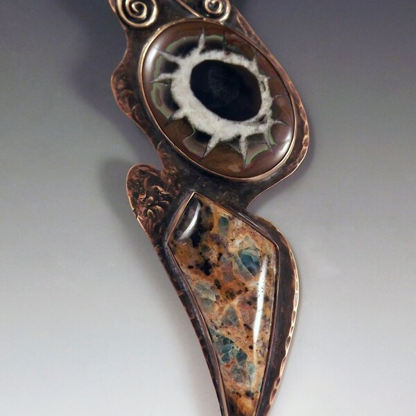 Septarian Nodule and Petrified Wood Opal- Fossil- Signature Statement- Metal Art Pendant Necklace