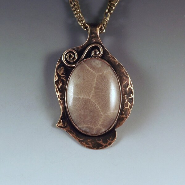 Michigan Petoskey Stone- Smoky Bronze Patina- Abstract Design- Michigan Made- State Stone- Fossil- Metal Art Necklace