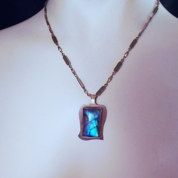 Purple Labradorite- Blue Violet Fire- Rainbow Patina- Metal Art Pendant- One of a Kind- Labradorite Necklace