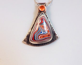 Fordite and Fire Opal Necklace- Noir Patina- Metalsmithed- One of a Kind- Michigan Made- Silver Fordite Pendant
