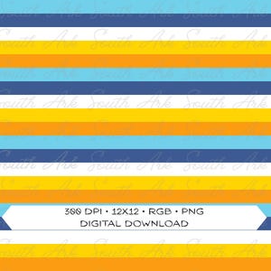 May include: A digital download graphic with a repeating pattern of horizontal stripes in shades of blue, yellow, and orange. The image includes text indicating it is 300 DPI, 12x12, RGB, and a PNG file. The text also says "DIGITAL DOWNLOAD".