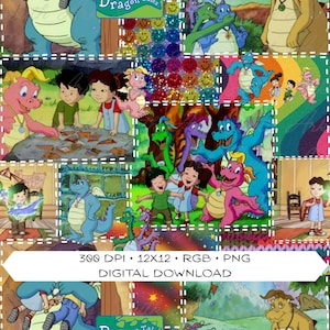 Peut inclure: Téléchargement numérique coloré avec des scènes de la série animée Dragon Tales. L'image présente des dragons, des enfants et des arrière-plans vibrants. Le texte en bas indique : 300 DPI • 12x12 • RGB • PNG TÉLÉCHARGEMENT NUMÉRIQUE.
