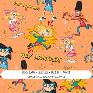 Pode incluir: Download digital laranja com um padrão repetido de personagens de desenhos animados de "Ei, Arnold!". O design inclui Arnold, Helga e outros personagens, com o texto "HEY ARNOLD!" espalhado.