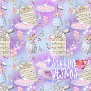 May include: A repeating pattern featuring Barbie in Swan Lake graphics, including ballet dancers in blue and pink dresses, white swans, musical sheet notation, pink tulips, blue butterflies, and purple spheres on a soft gradient purple background.
