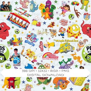 Peut inclure: Un téléchargement numérique présentant un collage de personnages de dessins animés colorés issus d'émissions de télévision pour enfants populaires. Comprend des personnages de "Barney", "Dora l'exploratrice", "Le Bus Magique" et "Reading Rainbow". L'image comprend également le texte "300 DPI • 12x12 • RGB • PNG • TÉLÉCHARGEMENT NUMÉRIQUE".