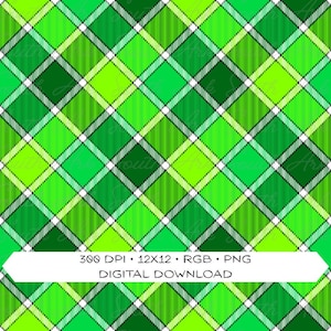 May include: Digital download of a green plaid pattern. The design features a repeating pattern of intersecting lines in shades of green and white. The text on the image reads: 300 DPI • 12x12 • RGB • PNG DIGITAL DOWNLOAD.