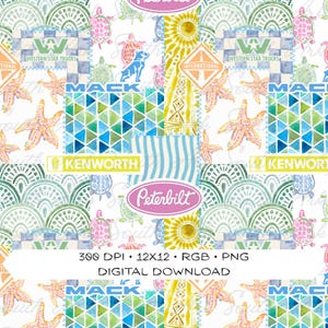 May include: A digital download pattern featuring a patchwork design with various elements. The pattern includes logos for truck brands like Kenworth, Mack, and Peterbilt, along with starfish, turtles, and sun motifs. The color palette is primarily blue, green, and yellow.