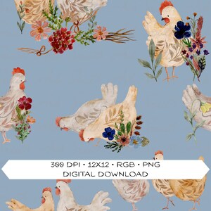 May include: Watercolor illustration of chickens with floral accents on a light blue background. The chickens are in various poses, adorned with bouquets of flowers. The image includes the text "300 DPI • 12x12 • RGB • PNG DIGITAL DOWNLOAD".