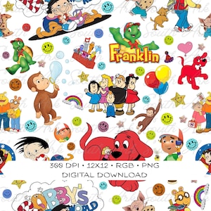 Puede incluir: Un patrón digital con varios personajes de dibujos animados incluyendo a Franklin la tortuga, Clifford el gran perro rojo, Curious George y Arthur, intercalados con caritas sonrientes coloridas, estrellas, arcoíris y el texto 300 DPI 12X12 RGB PNG DIGITAL DOWNLOAD.