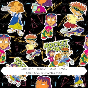 May include: A digital download featuring a repeating pattern of Rocket Power cartoon characters on a black background. The characters are in various poses, some skateboarding, with the words "Rocket Power" in green and blue.