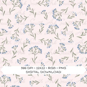May include: A digital download floral pattern featuring light blue flowers and green stems on a pale pink background. The design includes the text "South Ark" in a light gray script and the text "300 DPI • 12x12 • RGB • PNG DIGITAL DOWNLOAD".