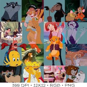 Op de afbeelding: Een digitale collage met diverse geanimeerde personages waaronder een wasbeer, een tijger, een geit, muizen, een prinses, een krab, een vis, een leeuwenwelp, een hert, Siamezen, een leeuwenkoning, een ruimtevaarder speelgoed en witte katten.