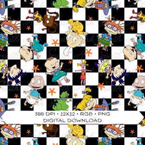May include: A digital pattern featuring Rugrats characters on a black and white checkerboard background with orange star accents. The image includes text stating 300 DPI, 12x12, RGB, PNG, and DIGITAL DOWNLOAD. The characters are shown in various poses.