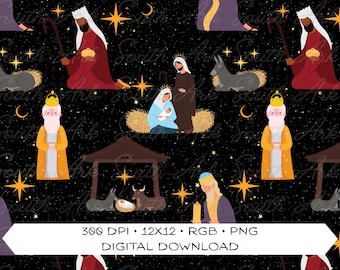Silent Night Christmas Seamless File | Nativity Digital Design | Nativity Seamless File | Cheistian Fabric Design | 300 DPI