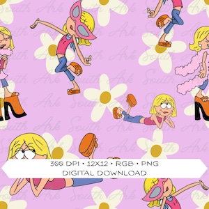 May include: A digital download featuring a repeating pattern of cartoon characters in various poses, set against a light purple background with white daisy flowers. The characters are wearing pink, blue, and orange clothing. The image includes the text "300 DPI • 12x12 • RGB • PNG DIGITAL DOWNLOAD."