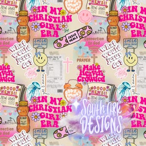 May include: A colorful pattern featuring various Christian-themed graphics. Includes text like "In My Christian Girl Era," "Jesus Heals," and "What Would Jesus Do?" with smiley faces, flowers, and a honey bear. The design is vibrant and playful.