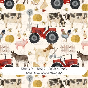 May include: A repeating pattern featuring farm animals, tractors, and hay bales in watercolor style. The design includes cows, pigs, goats, donkeys, chickens, ducks, and bees. The text "South Ark" is visible in the background. The image is labeled "Digital Download".