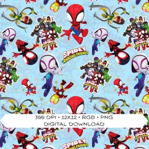 May include: A digital download featuring a repeating pattern of Spidey and his Amazing Friends characters. The design includes Spider-Man, Spider-Gwen, and other heroes in action poses, set against a light blue background. The text "Spidey Amazing Friends" is also included.