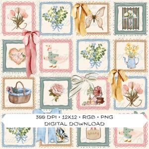 May include: A digital download featuring a repeating pattern of watercolor illustrations. The design includes floral bouquets, a butterfly, a goose, a heart, a basket, a rose, and a gramophone, all framed in decorative squares. The text "DIGITAL DOWNLOAD" is included.
