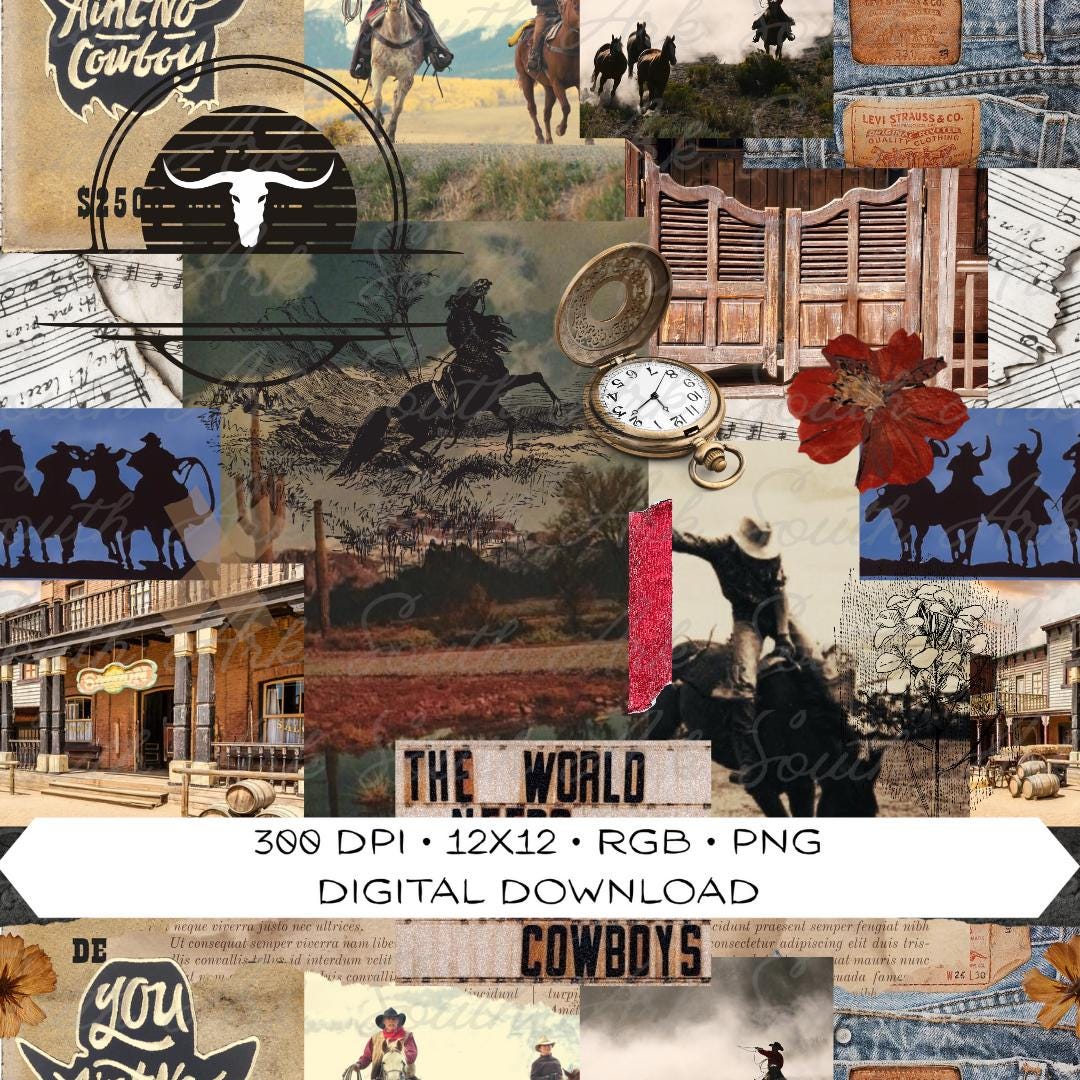 Western Rodeo Image Collages Western Collage Seamless Pattern | Rodeo Life Print | Western Fabric ...