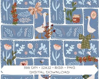 Patrón floral de gansos sin costuras / Descarga digital estilo cottagecore primaveral