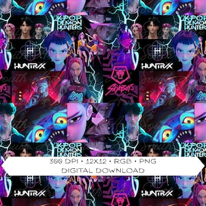 Könnte beinhalten: Digitaler Download mit einer Collage von Charakteren und Grafiken im Anime-Stil in einer lebendigen Farbpalette aus Lila, Blau und Pink. Das Design enthält Textelemente wie "KPOP DEMON HUNTERS", "SAJABOYS" und "HUNTRAX". Das Bild ist mit 300 DPI, 12x12, RGB und PNG gekennzeichnet.