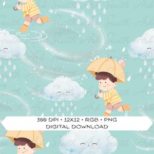 May include: A digital download featuring a repeating pattern of cartoon children with umbrellas, rain, and clouds on a light blue background. The children wear yellow and brown outfits. The image includes the text "300 DPI • 12X12 • RGB • PNG DIGITAL DOWNLOAD".