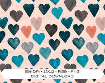 May include: A digital pattern featuring watercolor-style hearts in shades of teal, dark gray, light pink, and coral arranged on a pale pink background. The text 300 DPI, 12X12, RGB, PNG, DIGITAL DOWNLOAD is printed in black on a white banner.