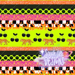 May include: A digital pattern design featuring horizontal stripes of orange glitter, black and lime green geometric lines, lime green smiley faces, pink leopard print, black and white checkers, and orange flames. A lime green section displays black cherries and tigers. Text reads South Ark DESIGNS.