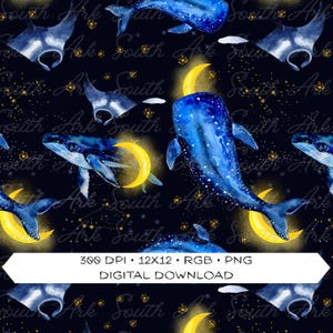 May include: A digital download featuring a seamless pattern of watercolor whales, manta rays, and crescent moons against a dark blue background. The design includes constellations and the text "South Ark".