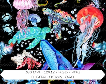 May include: Digital download featuring a vibrant watercolor illustration of various marine life on a black background. The design includes jellyfish, turtles, a whale, and an octopus. The image also includes the text "300 DPI • 12x12 • RGB • PNG DIGITAL DOWNLOAD."