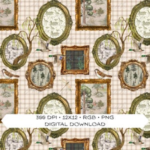 May include: A repeating pattern featuring ornate gold picture frames with various landscape and wildlife scenes. The frames are arranged on a beige and white checkered background, with flying ducks and songbirds.