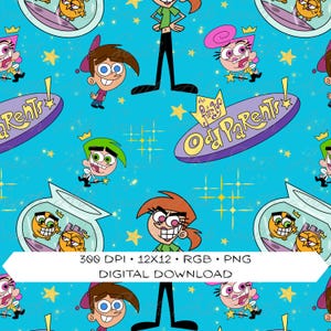 Puede incluir: Un patrón digital continuo con personajes de Los padrinos mágicos sobre un fondo azul brillante con estrellas amarillas. Incluye a Timmy Turner, Cosmo, Wanda, Vicky, el logo y peceras. El texto dice 300 DPI 12X12 RGB PNG.