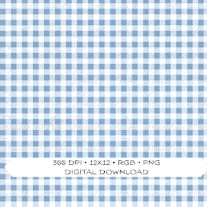 May include: A digital download featuring a blue and white gingham pattern. The design is a repeating square check, with a light blue and white color scheme. The image includes the text "300 DPI • 12x12 • RGB • PNG DIGITAL DOWNLOAD".
