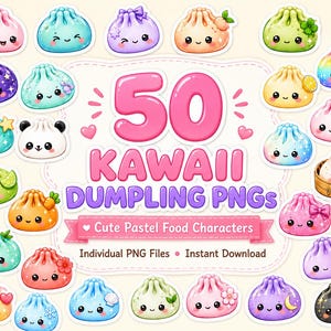 Kawaii Dumpling PNG Bundle: 50 Rainbow Pastel Food Characters