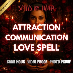 May include: A digital graphic featuring the text SPELLS BY LILITH, ATTRACTION COMMUNICATION LOVE SPELL, SAME HOUR, VIDEO PROOF, and PHOTO PROOF. The image shows a person holding two candles, one black and one red, surrounded by red roses and candles.