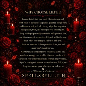 May include: A dark, mystical graphic featuring the text "WHY CHOOSE LILITH?" surrounded by red roses and lit candles. The text describes psychic guidance and spiritual empowerment. The words "SPELLSBYLILITH" are at the bottom.