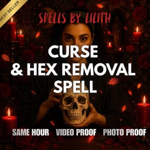 May include: A digital graphic featuring the text SPELLS BY LILITH, CURSE & HEX REMOVAL SPELL, SAME HOUR, VIDEO PROOF, PHOTO PROOF. A person holds a human skull in front of them, surrounded by red roses and lit red candles in a dark, atmospheric setting.