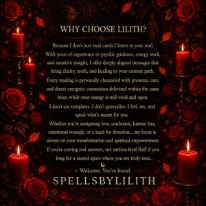 K&ouml;nnte beinhalten: Ein dunkelroter Hintergrund mit zahlreichen roten Rosen und vier brennenden roten Stumpenkerzen. Der zentrale Text lautet: WHY CHOOSE LILITH? Because I don't just read cards I listen to your soul. ... + Welcome. You've found SPELLSBYLILITH.