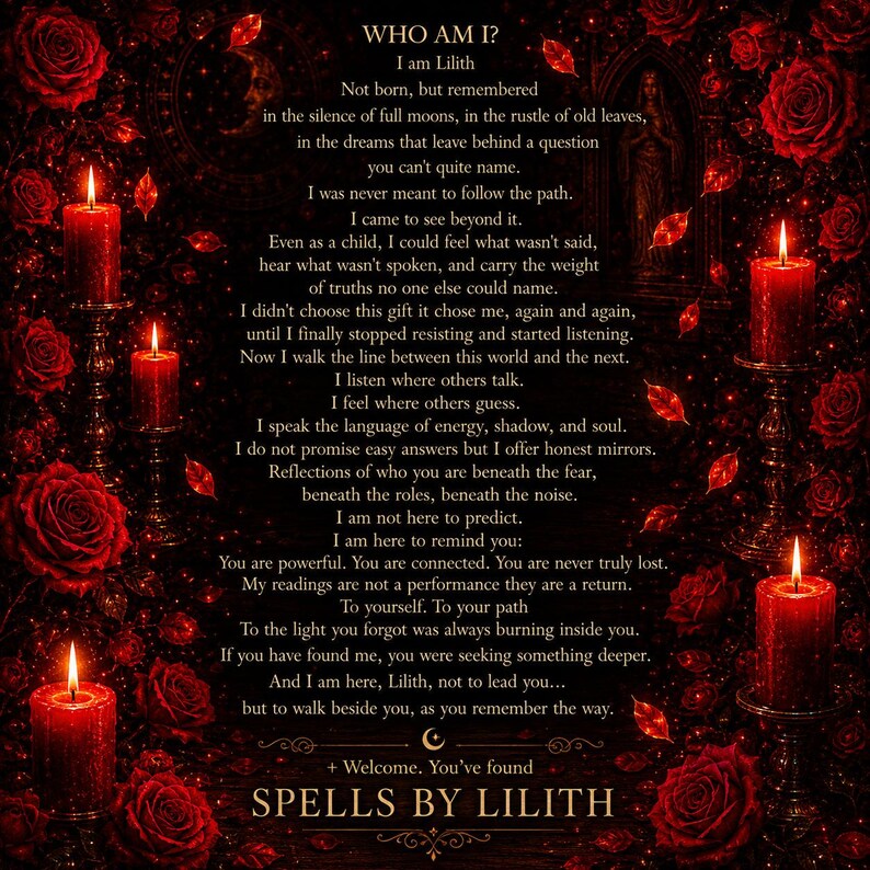 K&ouml;nnte beinhalten: Ein dunkler, atmosph&auml;rischer Druck mit tiefroten Rosen, die vier brennende Kerzen auf verzierten St&auml;ndern umgeben. Der zentrale Text lautet: WHO AM I? I am Lilith... und endet mit dem Text: + Welcome, You've found SPELLS BY LILITH.