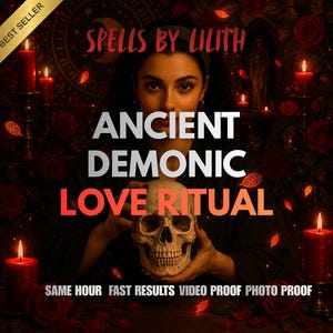 Puede incluir: Imagen publicitaria de "Spells by Lilith" con el texto "Ancient Demonic Love Ritual". La imagen muestra a una mujer sosteniendo una calavera, rodeada de velas rojas y rosas. Las palabras "Best Seller" están en la esquina superior izquierda.