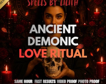 Könnte beinhalten: Werbebild für "Spells by Lilith" mit dem Text "Ancient Demonic Love Ritual". Das Bild zeigt eine Frau, die einen Schädel hält, umgeben von roten Kerzen und Rosen. Die Worte "Best Seller" befinden sich in der oberen linken Ecke.
