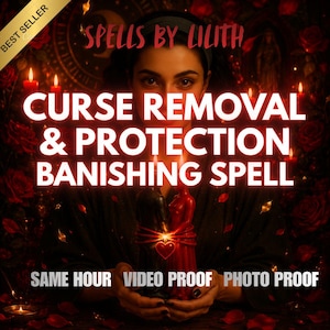 May include: A digital graphic titled SPELLS BY LILITH featuring the text CURSE REMOVAL & PROTECTION BANISHING SPELL. The image shows two figure-shaped candles, one black and one red, tied together with a red string and a small heart charm.