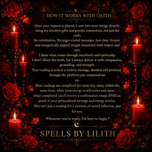 May include: A dark image with red roses and candles, featuring the text "HOW IT WORKS WITH LILITH". The text describes a personalized service with a focus on spiritual readings and energy sessions. The image has a mystical theme.