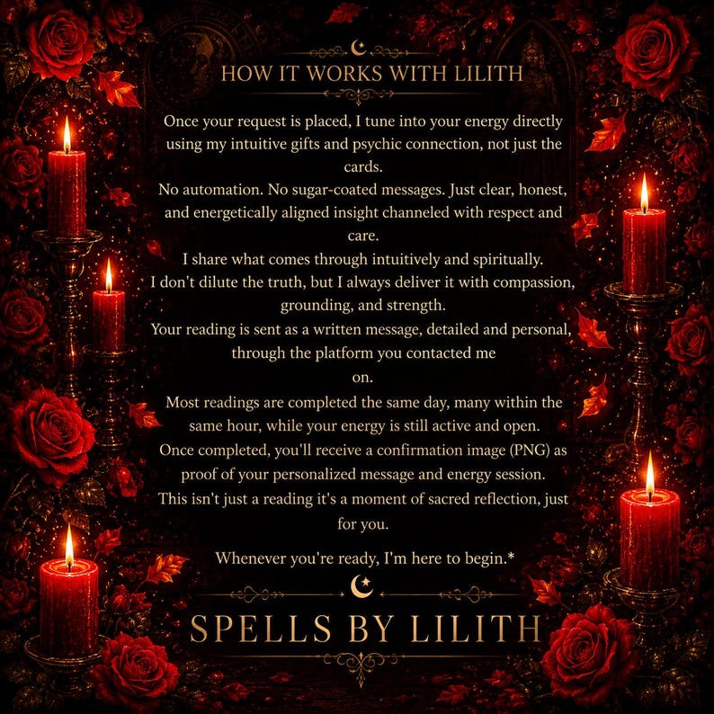 May include: A dark image with red roses and candles, featuring the text "HOW IT WORKS WITH LILITH". The text describes a personalized service with a focus on spiritual readings and energy sessions. The image has a mystical theme.