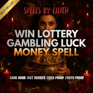 May include: An image with the text "WIN LOTTERY GAMBLING LUCK MONEY SPELL" and "SPELLS BY LILITH". A woman holds a golden pot overflowing with coins and jewels. Red candles and roses surround the scene. The words "BEST SELLER" are in the top left corner.