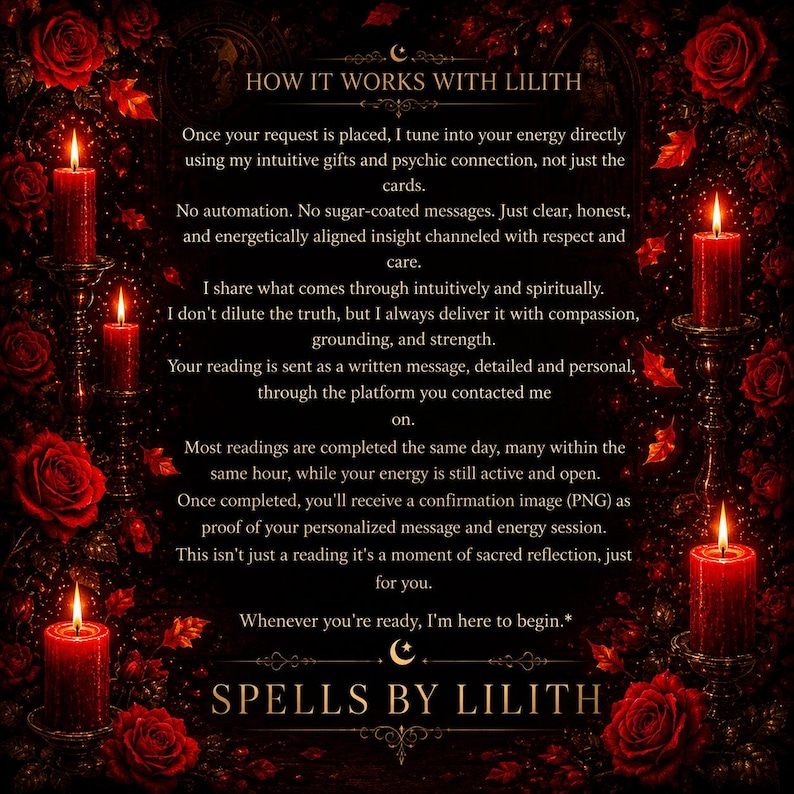 K&ouml;nnte beinhalten: Ein dunkler Hintergrund mit roten Rosen und vier brennenden roten Kerzen in verzierten Haltern. Der Text lautet: HOW IT WORKS WITH LILITH. Once your request is placed, I tune into your energy directly using my intuitive gifts.