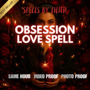May include: A person holds two figure candles, one black and one red, tied together with a red cord featuring a heart charm. The text reads SPELLS BY LILITH, OBSESSION LOVE SPELL, SAME HOUR, VIDEO PROOF, PHOTO PROOF. Red roses and candles surround them.