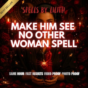 Op de afbeelding: De afbeelding toont de tekst "Spells by Lilith" en "Make Him See No Other Woman Spell". Een rode en zwarte kaars staat in het midden, met een hartsymbool. De woorden "Best Seller" staan in de linkerbovenhoek.