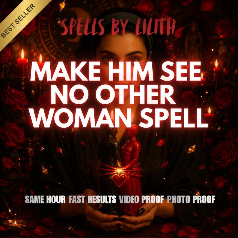 May include: The image displays the text "Spells by Lilith" and "Make Him See No Other Woman Spell." A red and black candle is in the center, with a heart symbol. The words "Best Seller" are in the upper left corner.